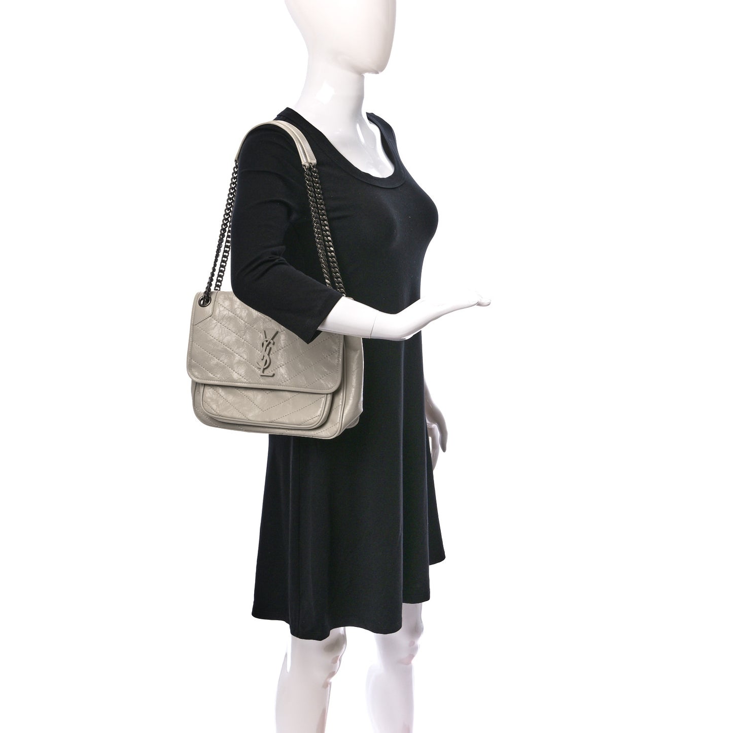 Crinkled Calfskin Matelasse Monogram Medium Niki Chain Satchel Crema Soft