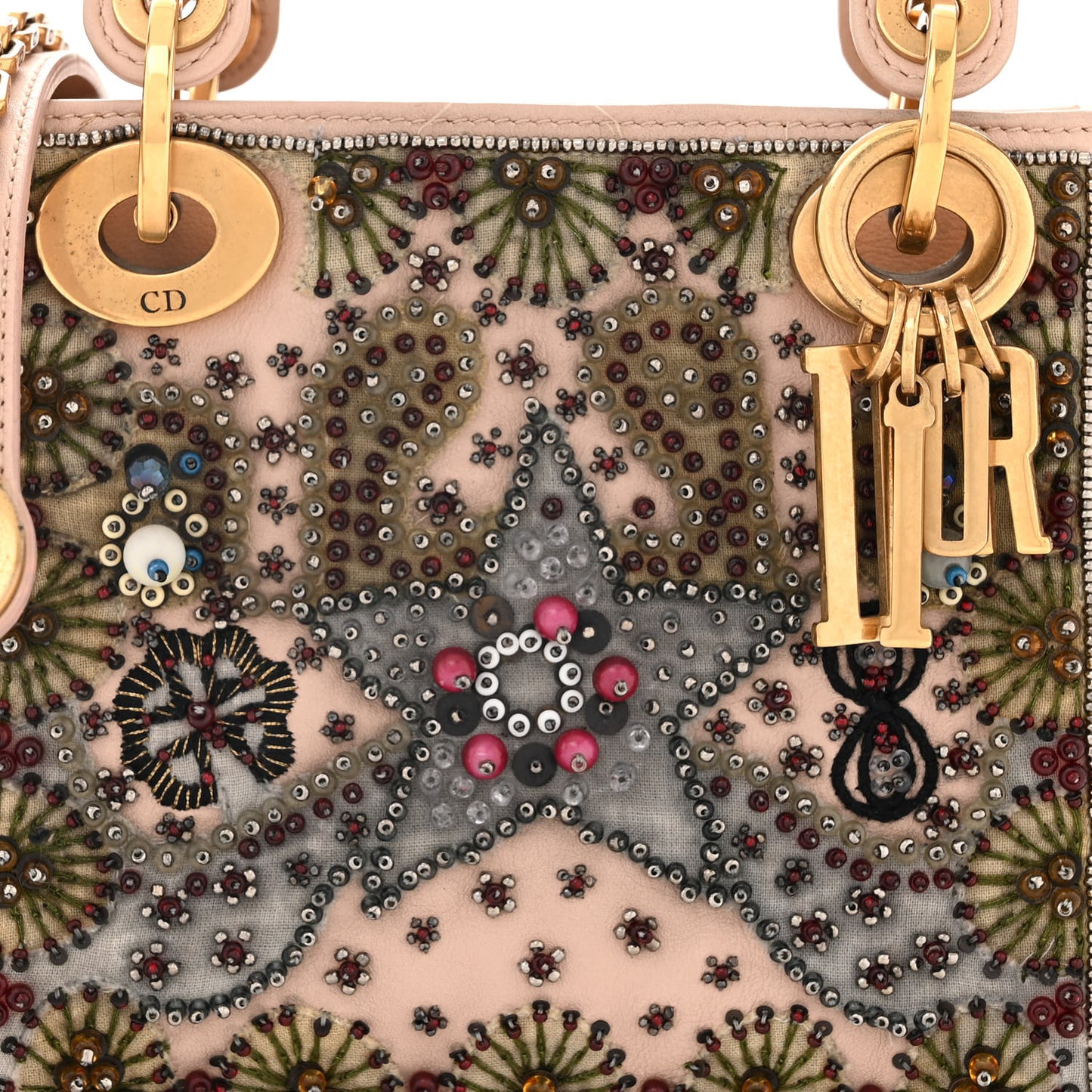 Calfskin Beaded Mini Lady Dior Beige Multicolor