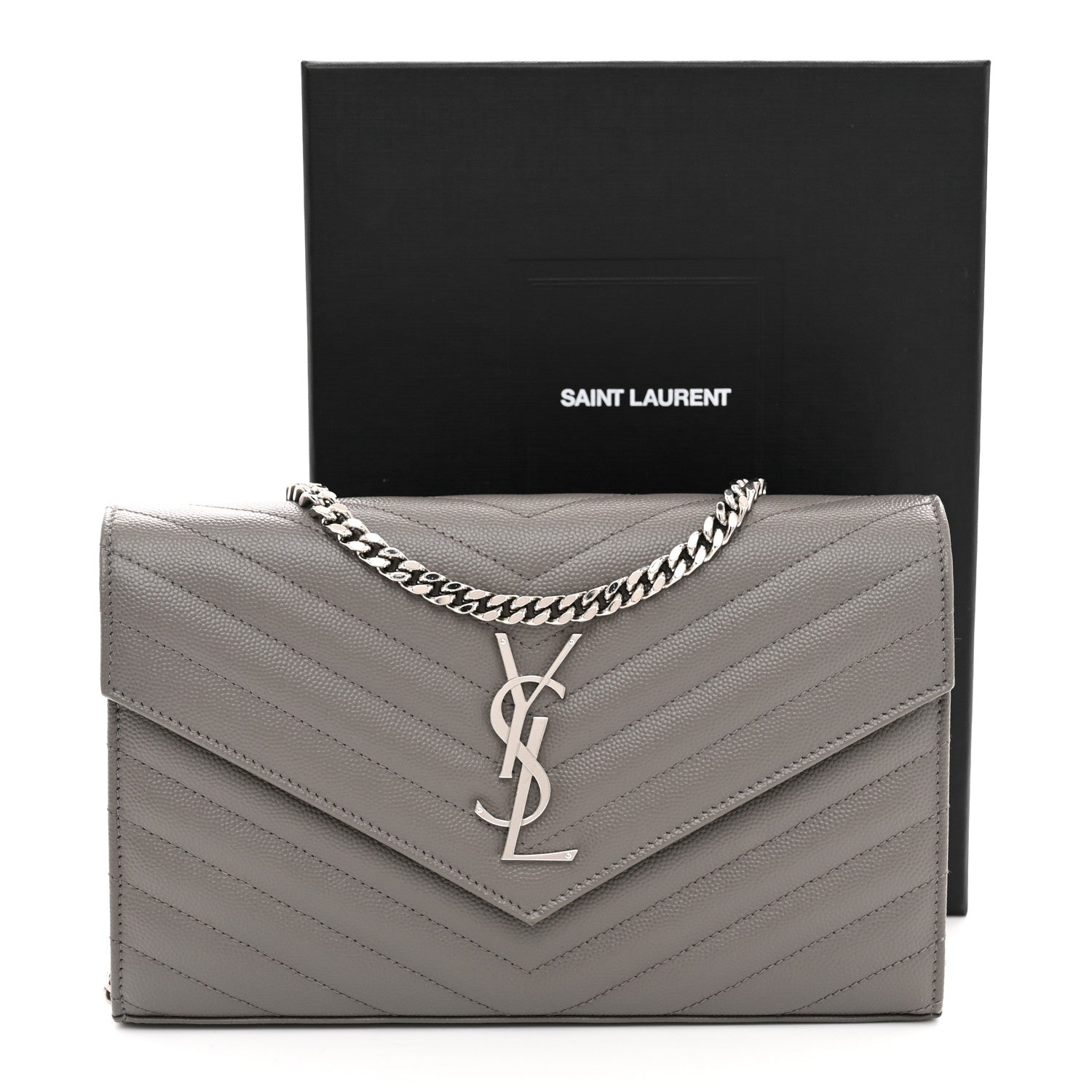 Saint Laurent Grain De Poudre Matelasse Chevron Monogram Chain Wallet Fog 11 of 11