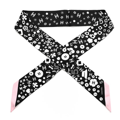 Chanel Silk CC Charms Slim Bandeau Scarf Black White Pink 1 of 3
