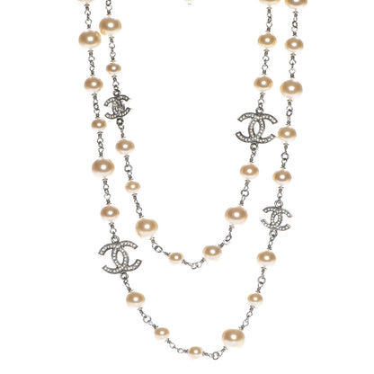 Chanel Crystal Pearl CC Long Necklace Silver 1 of 6