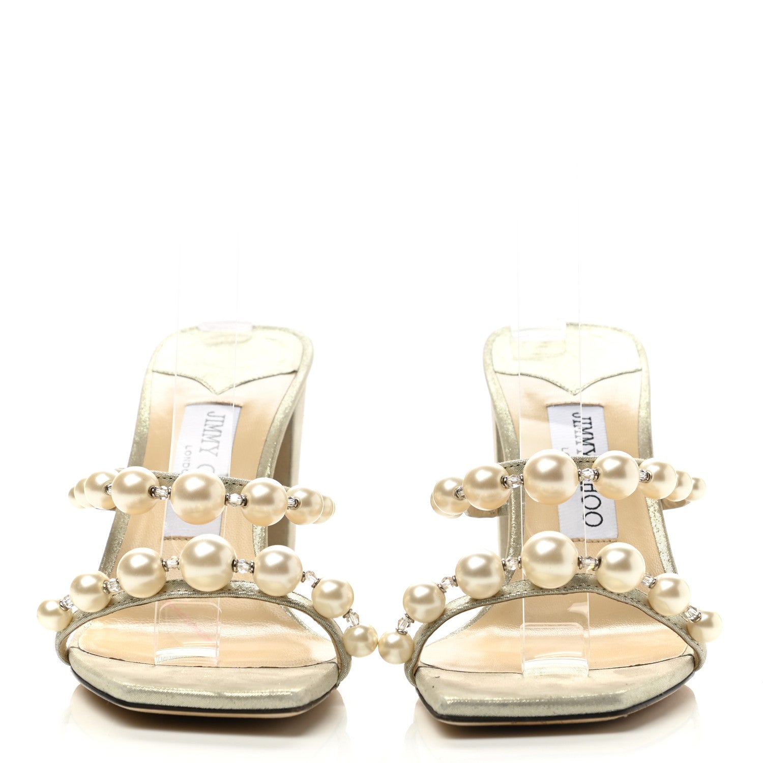 Jimmy Choo Shimmer Suede Pearl Embellished Amara 85 Mule Sandals 37 Champagne 2 of 7