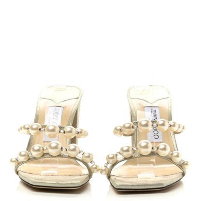 Jimmy Choo Shimmer Suede Pearl Embellished Amara 85 Mule Sandals 37 Champagne 2 of 7