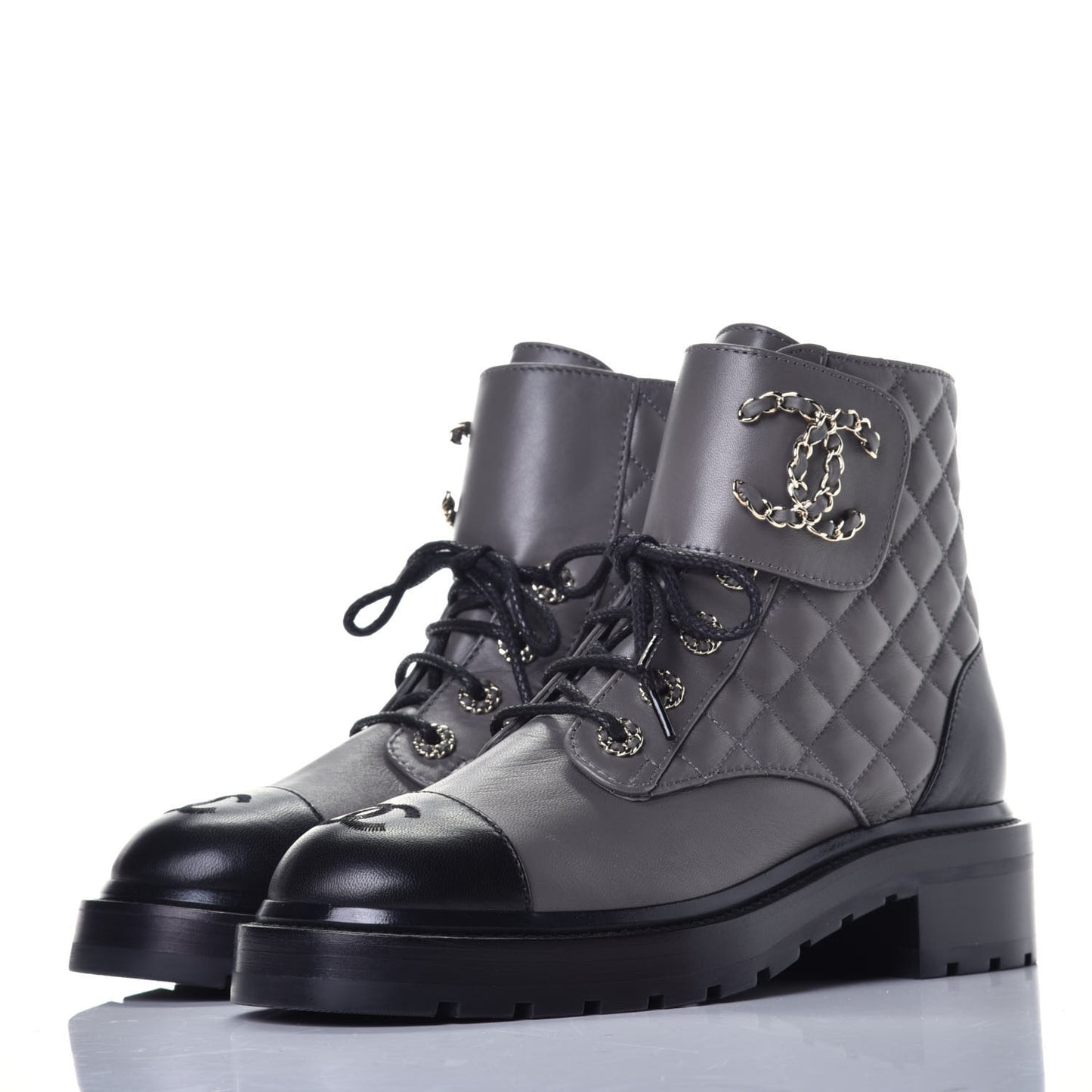 Shiny Lambskin Quilted Lace Up Combat Boots 38 Grey Black