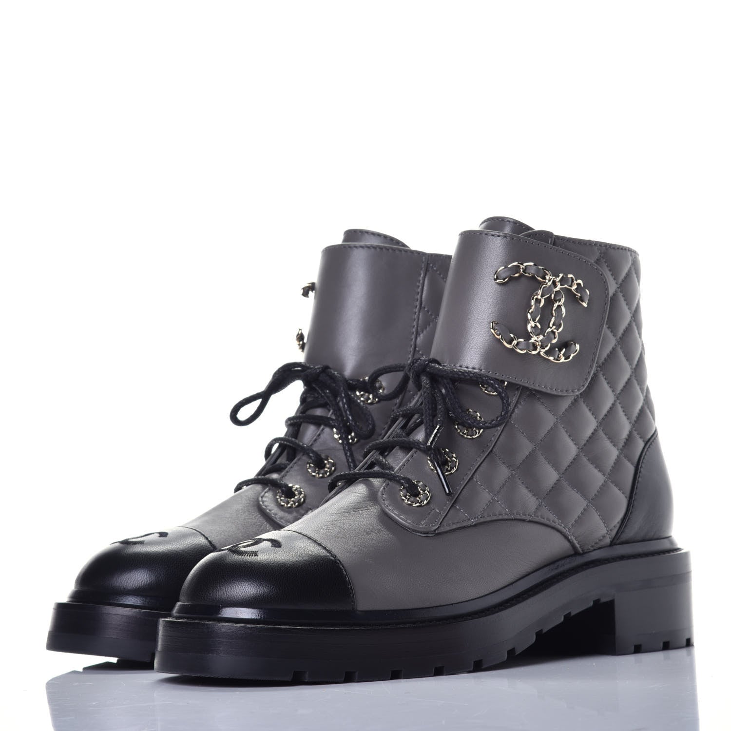Chanel Shiny Lambskin Quilted Lace Up Combat Boots 38 Grey Black 3 of 10