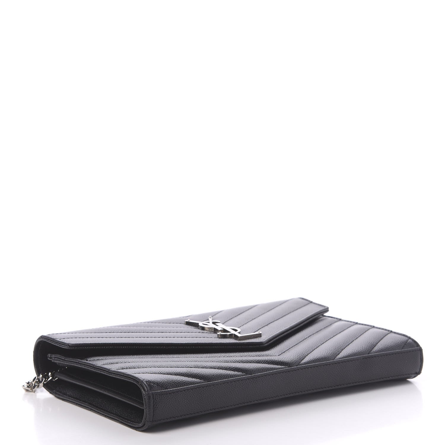 Saint Laurent Grain De Poudre Matelasse Chevron Monogram Chain Wallet Black 4 of 11