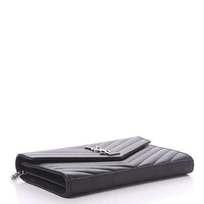 Saint Laurent Grain De Poudre Matelasse Chevron Monogram Chain Wallet Black 4 of 11