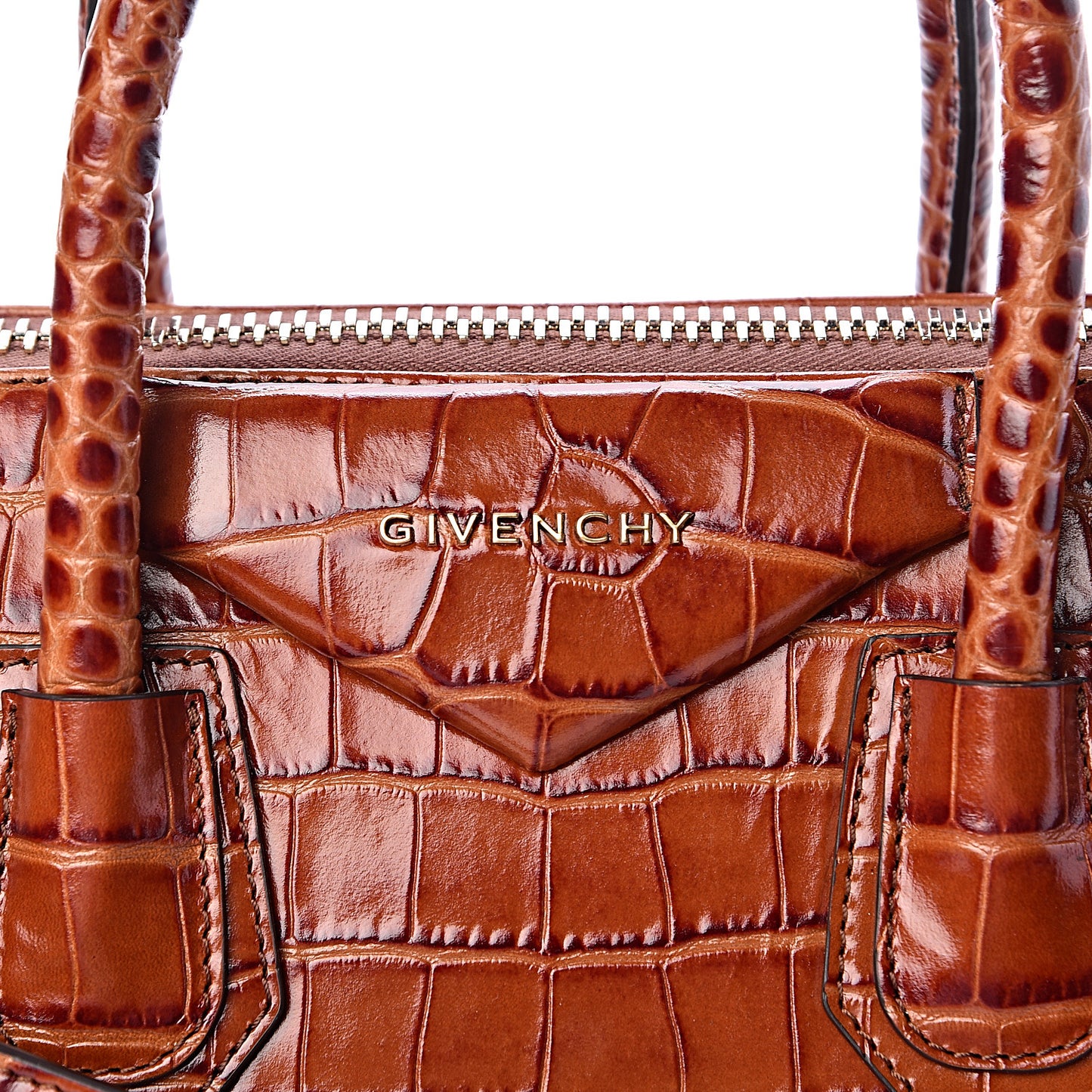 Calfskin Crocodile Embossed Small Antigona Cognac