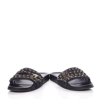 Chanel Satin Canvas Chain Flat Sandals 37 Marine 6 of 16