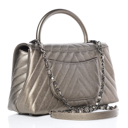 Chanel Metallic Caviar Chevron Quilted Small Coco Handle Flap Light Gold 3 of 10