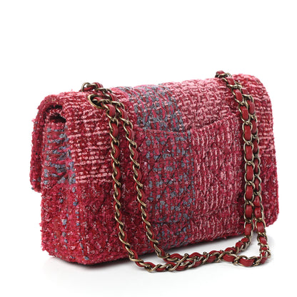 Chanel Tweed Quilted Medium Double Flap Raspberry Blue Pink 3 of 10