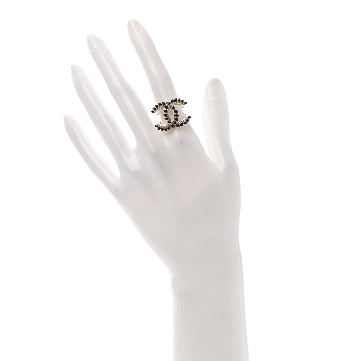 Chanel Metal Strass Crystal Dazzling Wheat CC Ring 6 Gold Black 2 of 4