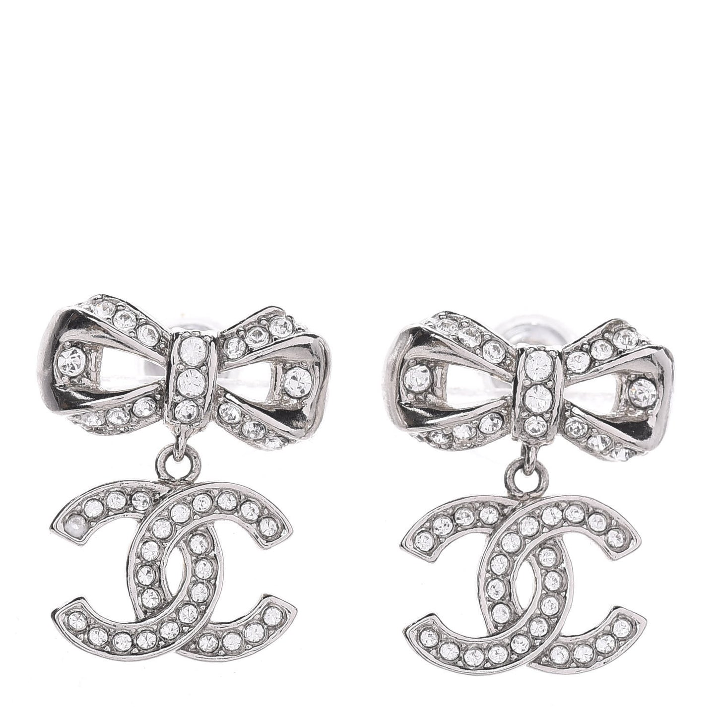 Crystal CC Bow Dangle Earrings Silver