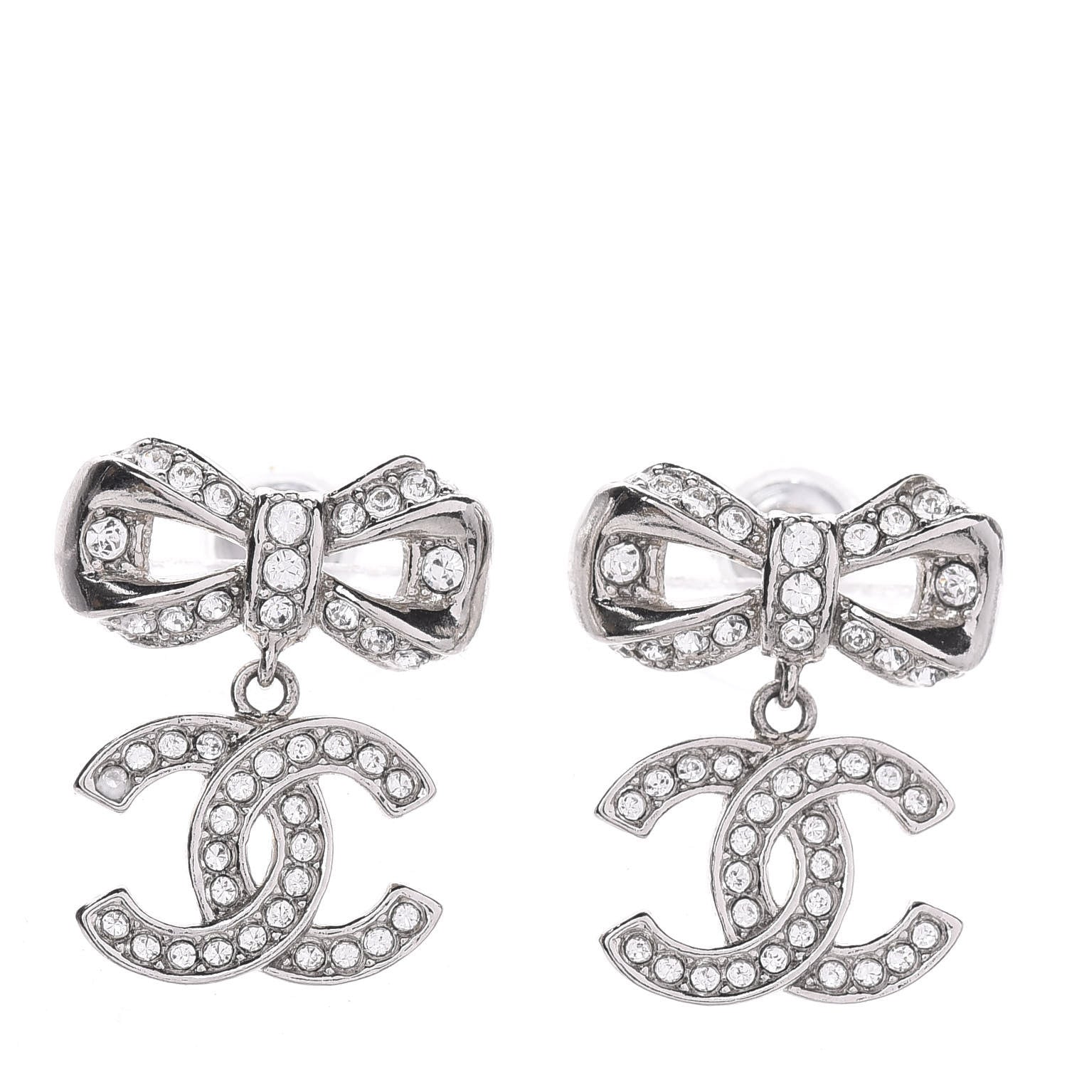 Chanel Crystal CC Bow Dangle Earrings Silver 1 of 4