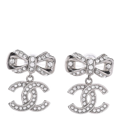 Chanel Crystal CC Bow Dangle Earrings Silver 1 of 4