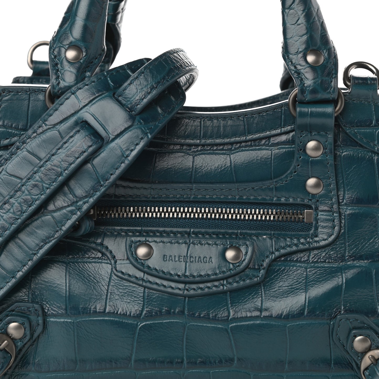 Calfskin Crocodile Embossed Neo Classic Silver Hardware Mini City Dark Petrol Blue