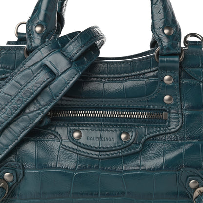 Balenciaga Calfskin Crocodile Embossed Neo Classic Silver Hardware Mini City Dark Petrol Blue 7 of 9