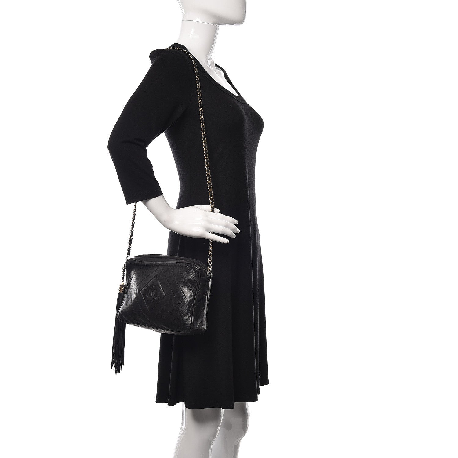 Chanel Lambskin Chevron Quilted Tassel Camera Case Black 2 of 17