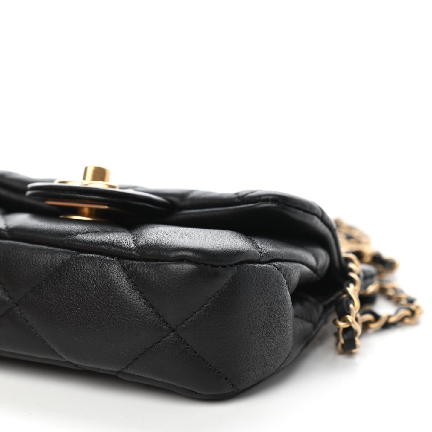 Calfskin Quilted Lady Handle Clutch With Chain Black