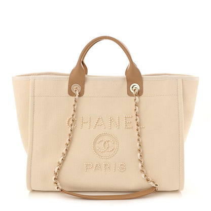Chanel Canvas Pearl Medium Deauville Tote Ecru Beige 1 of 10