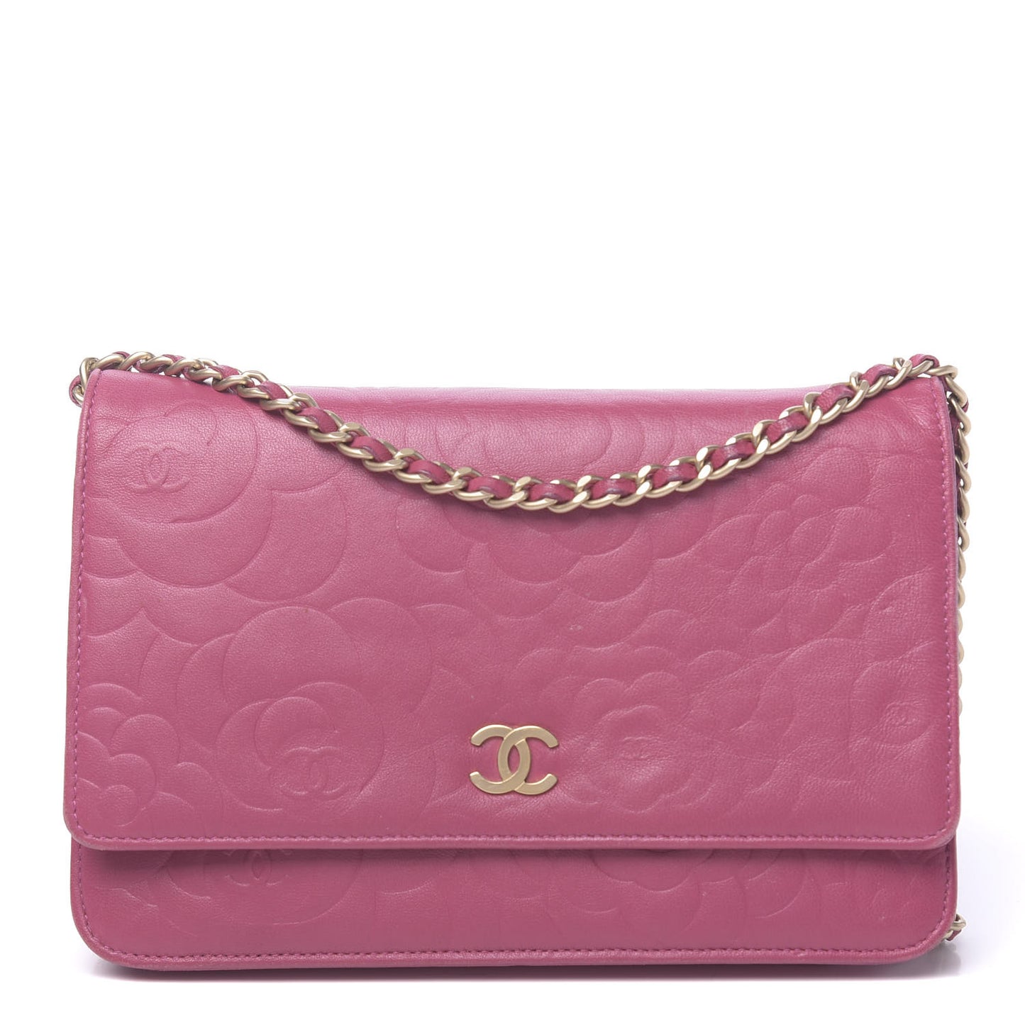 Lambskin Camellia Embossed Wallet On Chain WOC Pink
