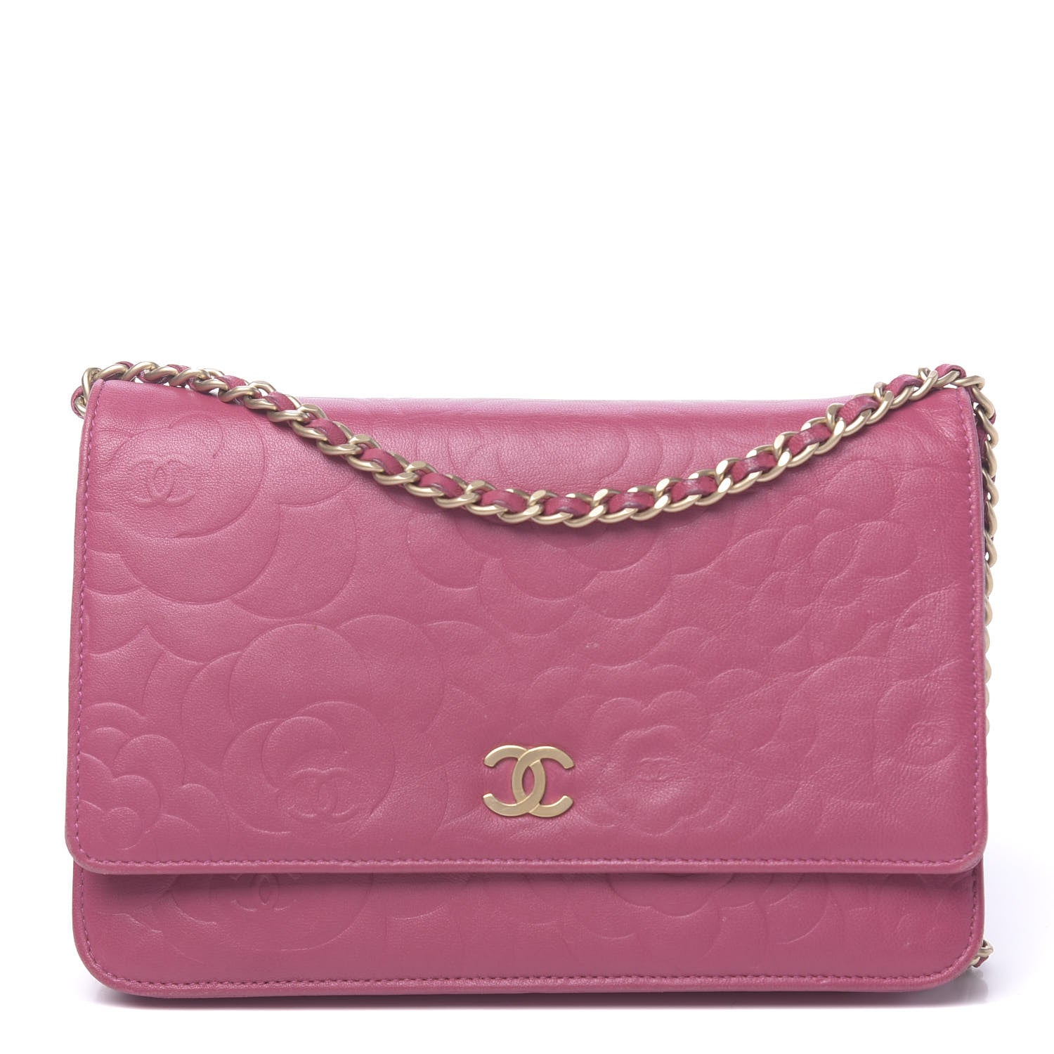 Chanel Lambskin Camellia Embossed Wallet On Chain WOC Pink 1 of 12