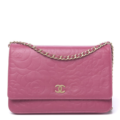 Chanel Lambskin Camellia Embossed Wallet On Chain WOC Pink 1 of 12