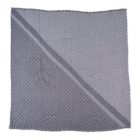 Wool Silk Monogram GGWeb Fringe Shawl Pearl Medium Grey