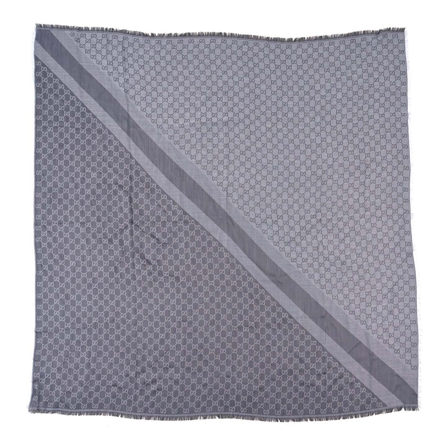Wool Silk Monogram GGWeb Fringe Shawl Pearl Medium Grey