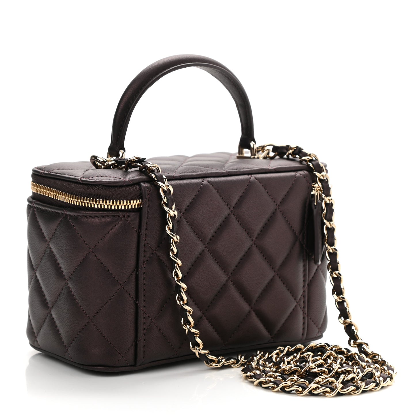 Iridescent Lambskin Quilted Small Top Handle Vanity Case With Chain Burgundy