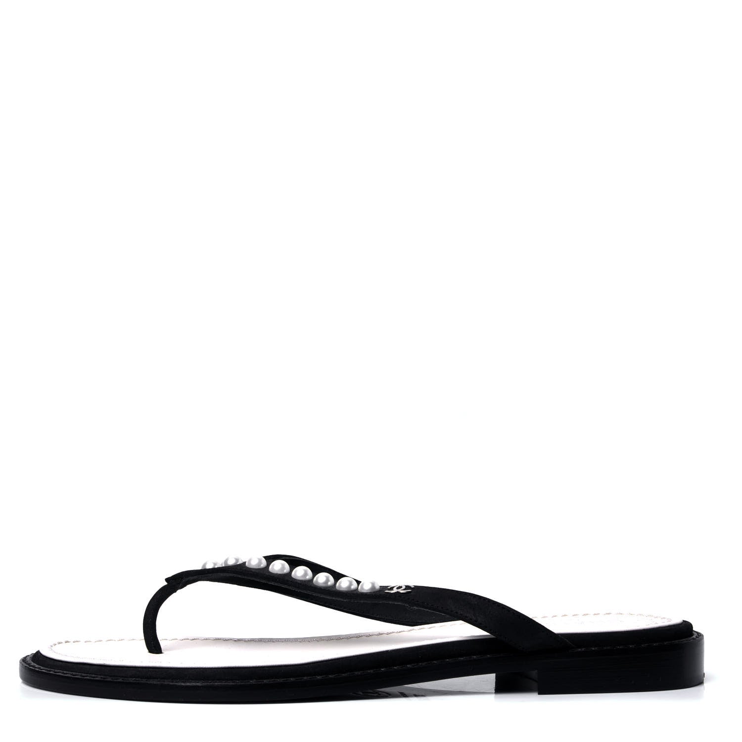 Chanel Suede Pearl Thong Sandals 37.5 Black 1 of 6