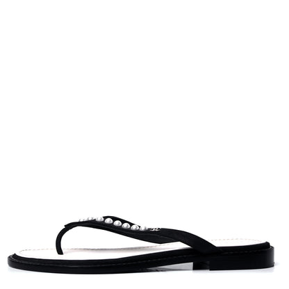 Chanel Suede Pearl Thong Sandals 37.5 Black 1 of 6