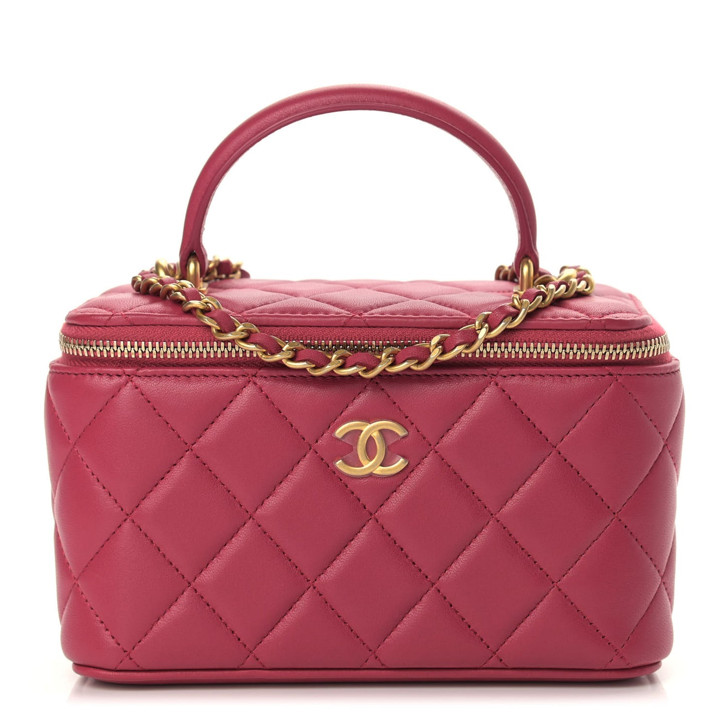 Lambskin Quilted Small Top Handle Vanity Case With Chain Dark Pink