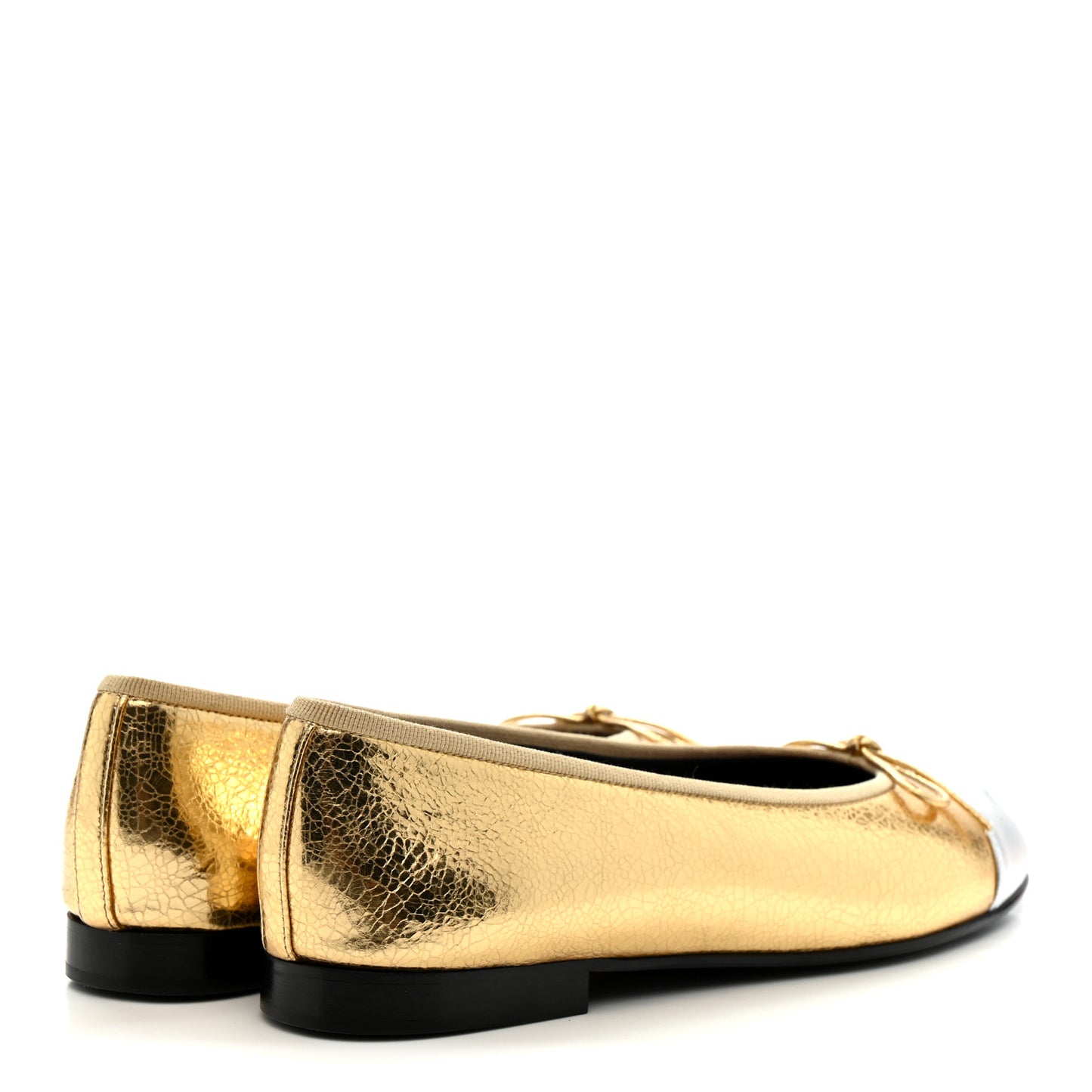 Crackled Laminated Calfskin CC Cap Toe Ballerina Flats 36.5 Gold Silver