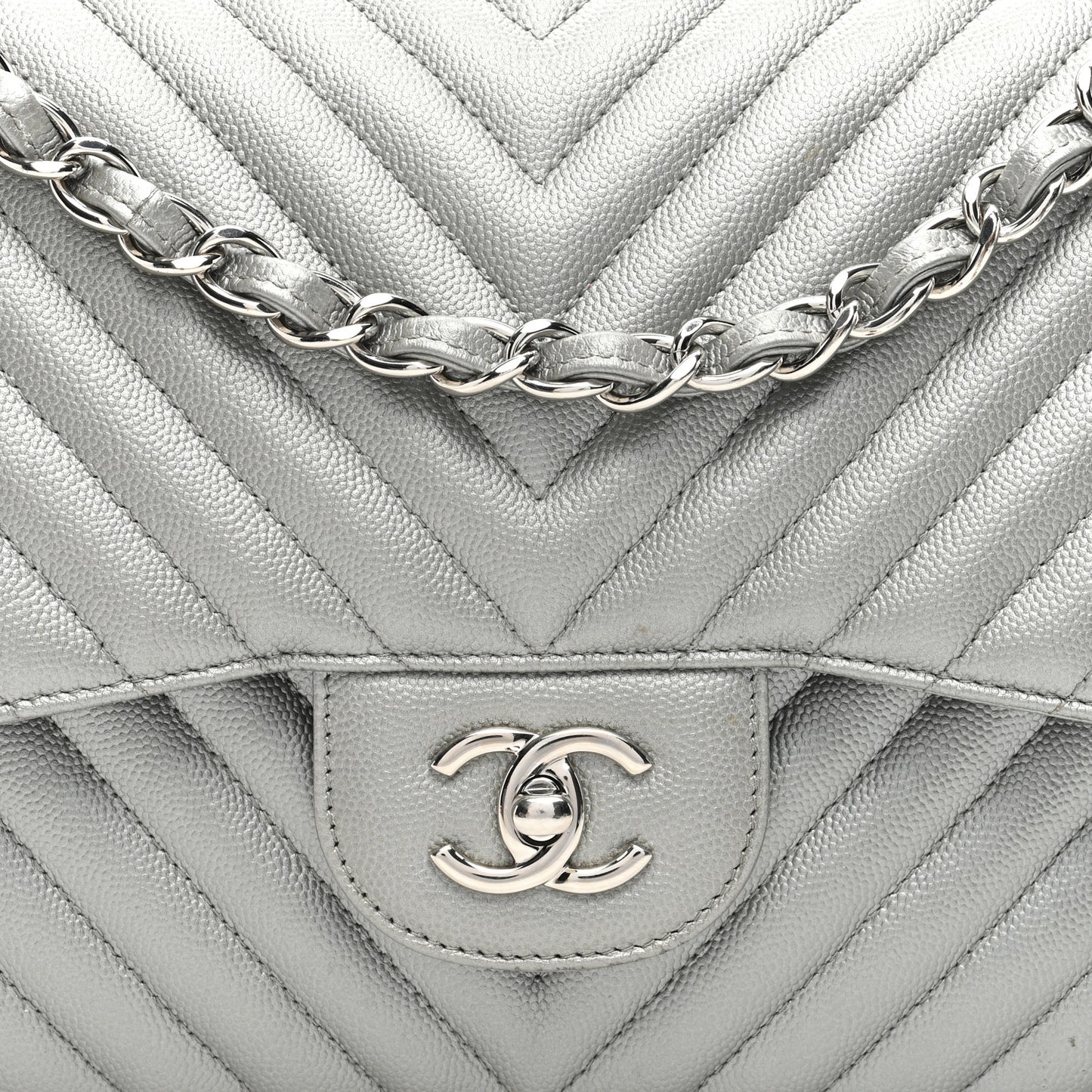 Metallic Caviar Chevron Quilted Jumbo Double Flap Silver