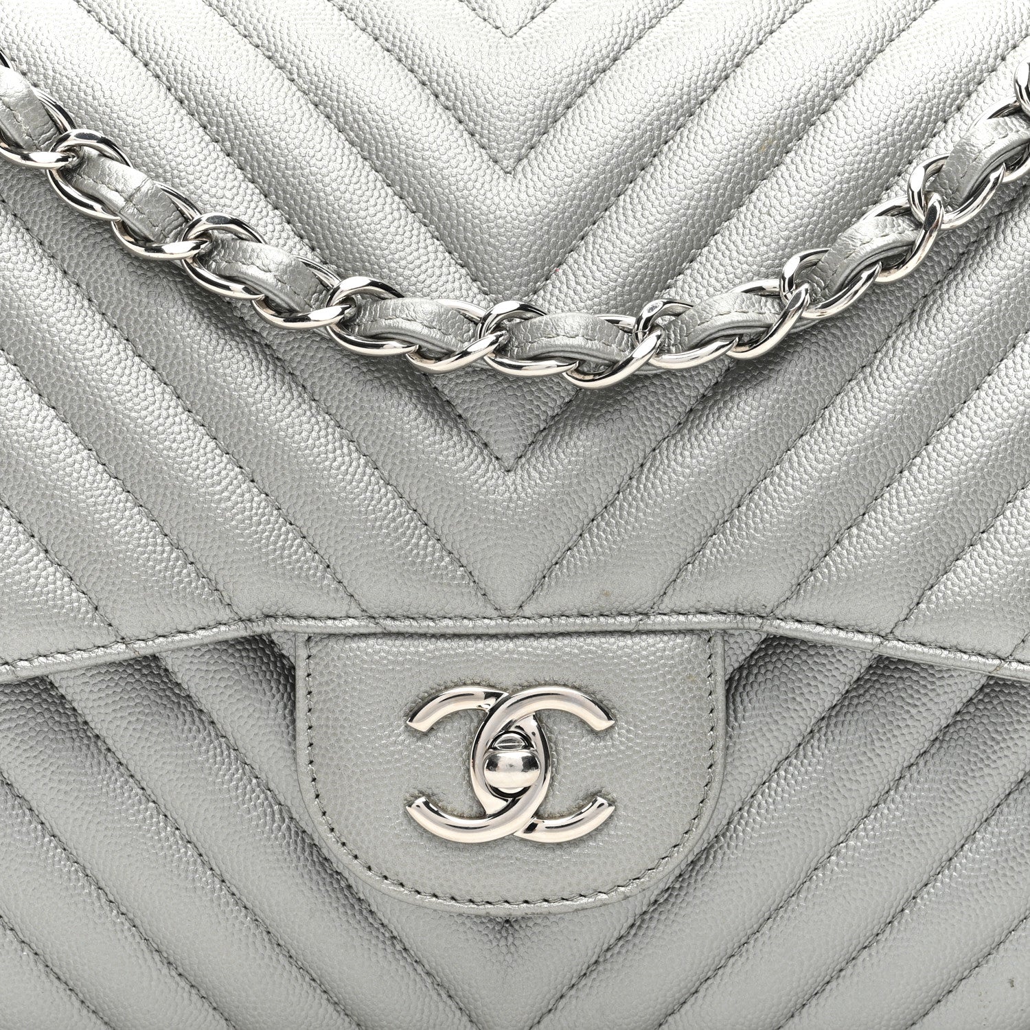 Chanel Metallic Caviar Chevron Quilted Jumbo Double Flap Silver 8 of 13