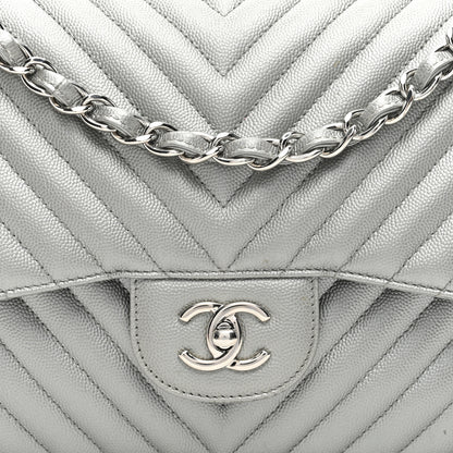 Chanel Metallic Caviar Chevron Quilted Jumbo Double Flap Silver 8 of 13