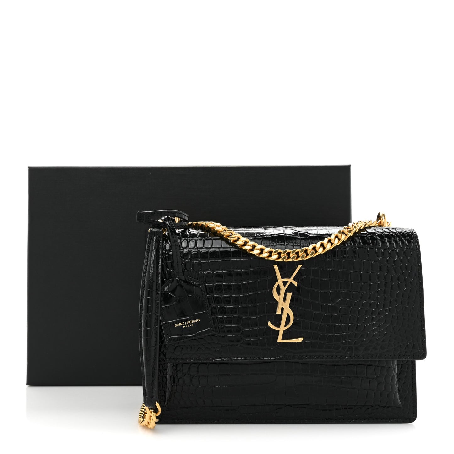 Calfskin Crocodile Embossed Medium Monogram Sunset Black