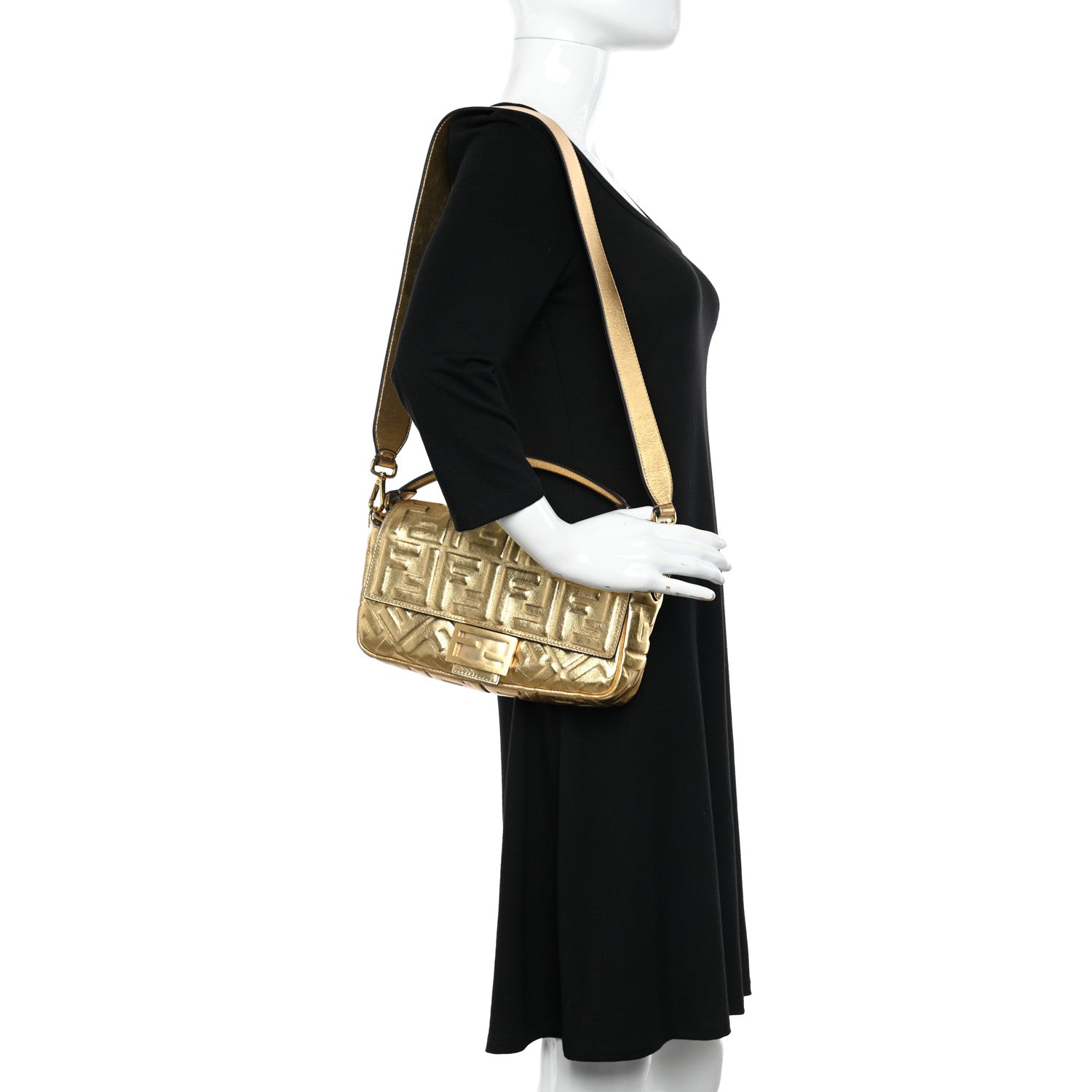 Fendi Vitello Catalan Mirror FF 1974 Embossed Baguette Gold 2 of 10