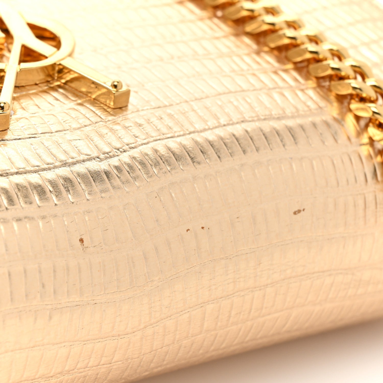 Saint Laurent Metallic Calfskin Crocodile Embossed Small Classic Monogram Kate Tassel Satchel Gold 12 of 12