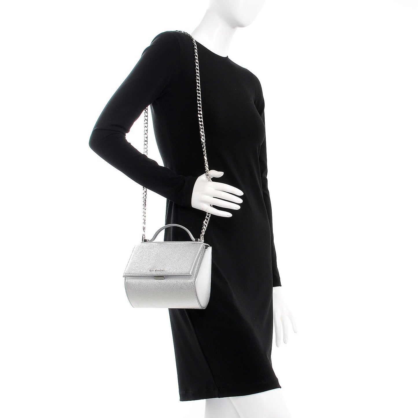 Metallic Calfskin Mini Pandora Box Chain Crossbody Bag Silver