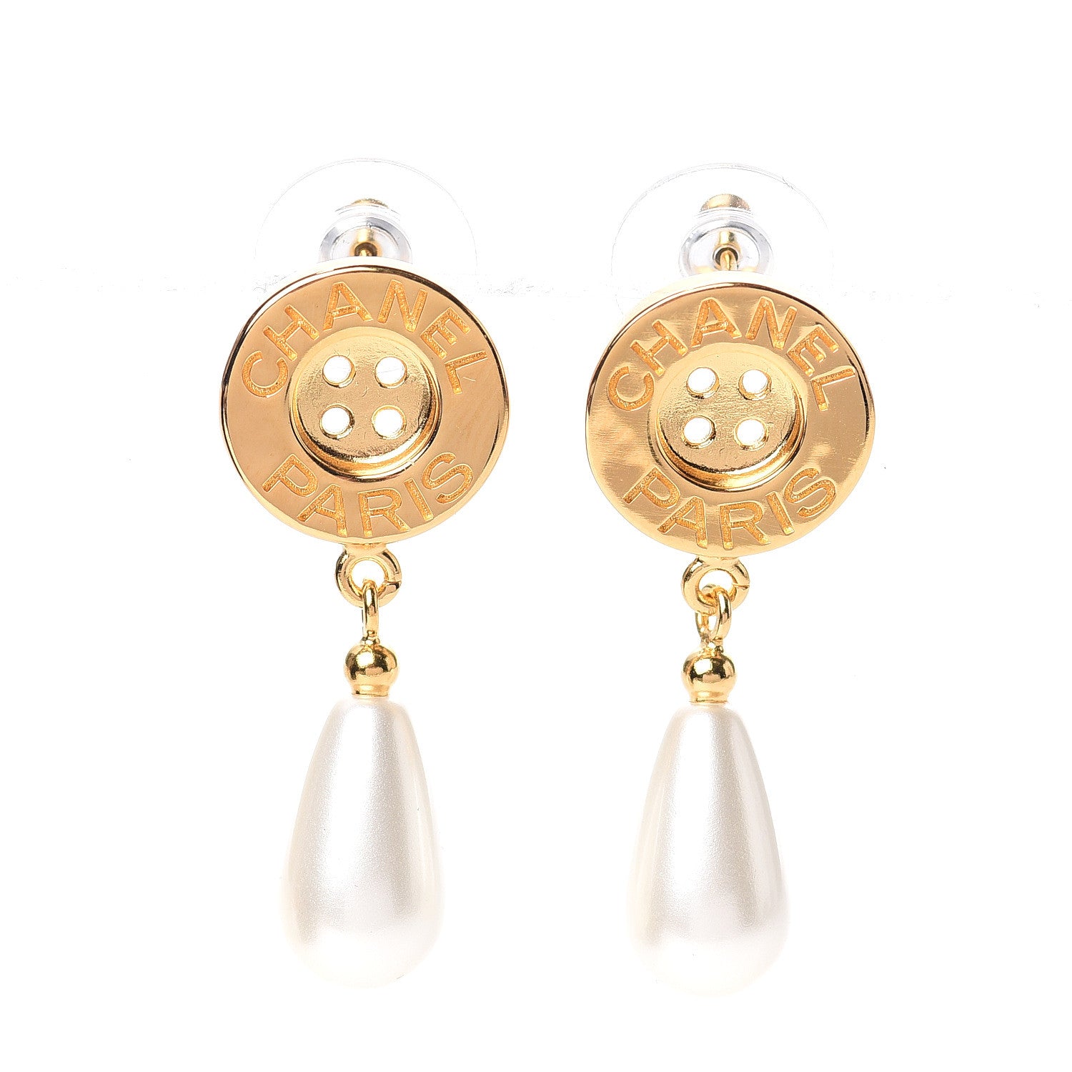 Chanel Metal Pearl Paris Button Drop Earrings Gold 1 of 5