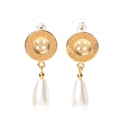 Chanel Metal Pearl Paris Button Drop Earrings Gold 1 of 5