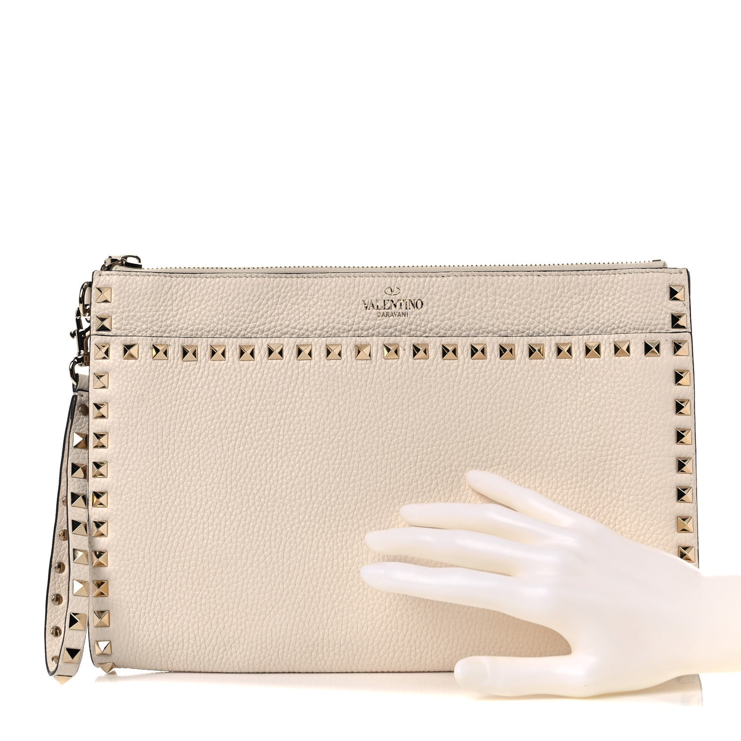 Valentino Garavani Pebbled Calfskin Rockstud Zip Pouch Ivory 2 of 12
