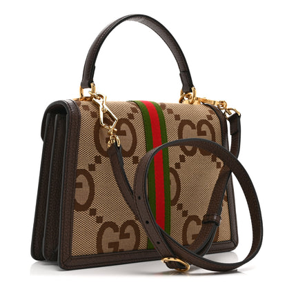 Gucci Monogram Jumbo GG Textured Dollar Calfskin Web Small Ophidia Padlock Top Handle Bag Camel Ebony New Acero 3 of 11