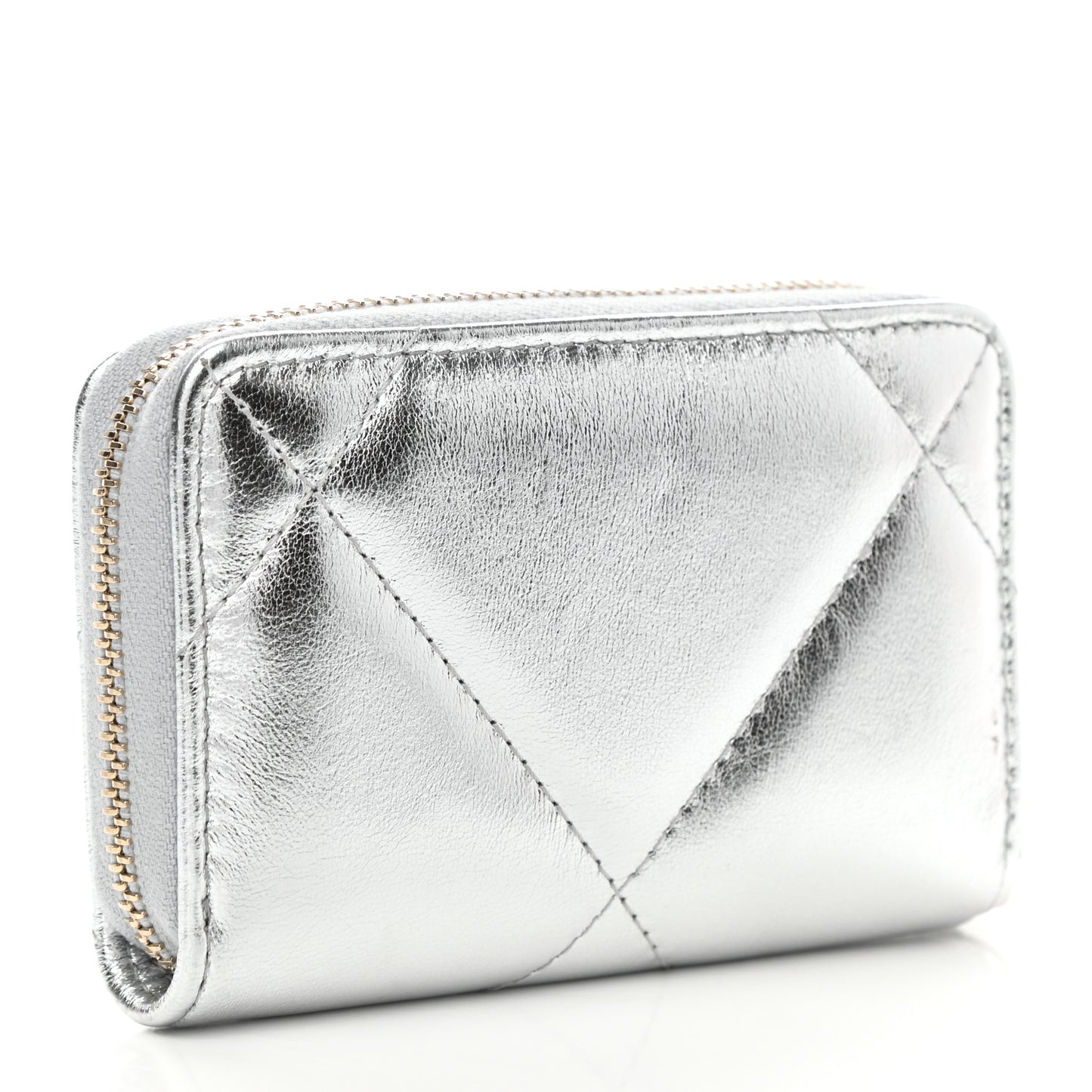 Metallic Lambskin Quilted Chanel 19 Zip Around Coin Purse Wallet Silver