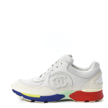Chanel Calfskin Suede Fabric Womens CC Sneakers 38.5 White Blue Red 1 of 12