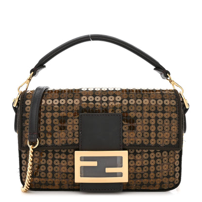 Fendi Fabric Jacquard Paillettes Vitello Seta FF 1974 Mini Baguette Testa di Moro Real Ebano 1 of 10