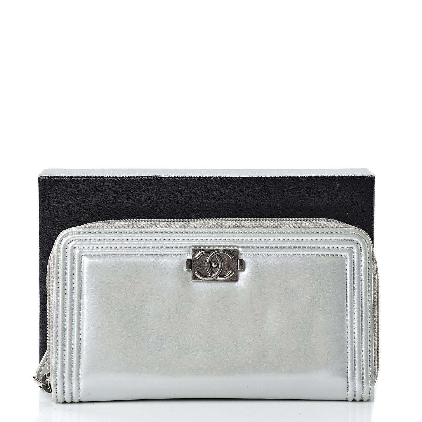 Glazed Calfskin Boy Zip Around Wallet Silver