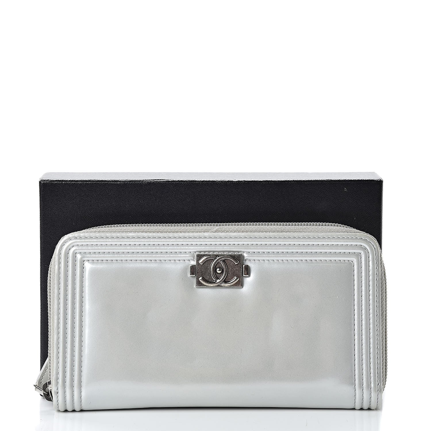Chanel Glazed Calfskin Boy Zip Around Wallet Silver 9 of 9